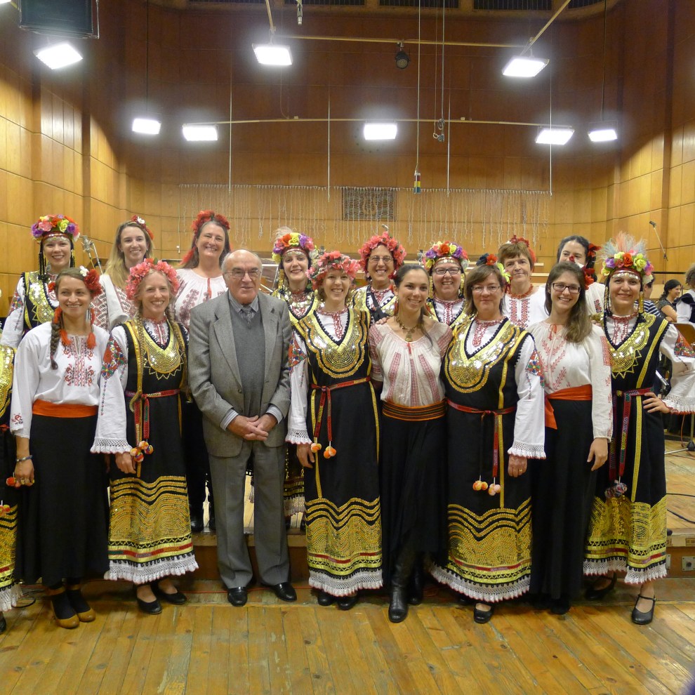 Members of Orfeia, Divi Zheni and Svitanya with our wonderful sponsor Dr. George Lazarov at Bulgarian National Radio (October 2013)